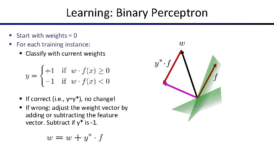 Learning: Binary Perceptron § Start with weights = 0 § For each training instance: