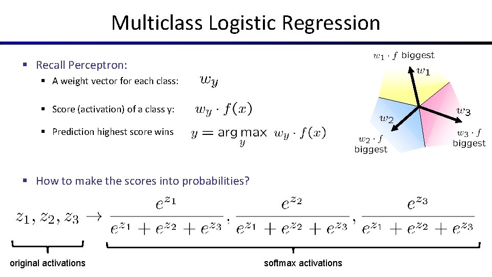 Multiclass Logistic Regression § Recall Perceptron: § A weight vector for each class: §