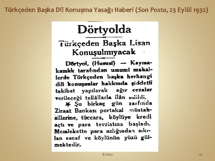 Türkçeden Başka Dil Konuşma Yasağı Haberi (Son Posta, 23 Eylül 1932) B. Oran 10
