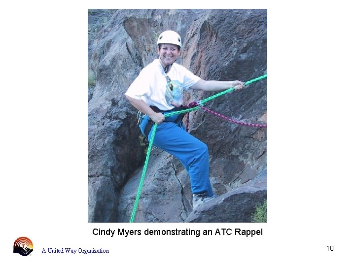 Cindy Myers demonstrating an ATC Rappel A United Way Organization 18 