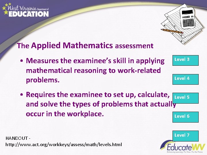 The Applied Mathematics assessment • Measures the examinee’s skill in applying mathematical reasoning to