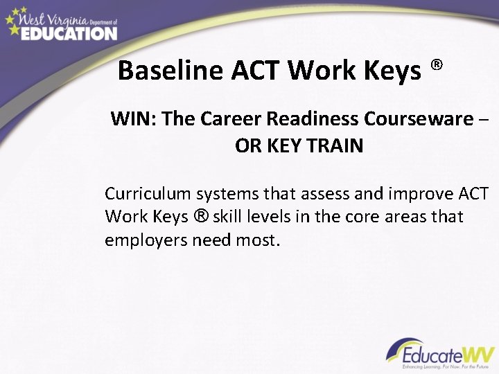 Baseline ACT Work Keys ® WIN: The Career Readiness Courseware – OR KEY TRAIN