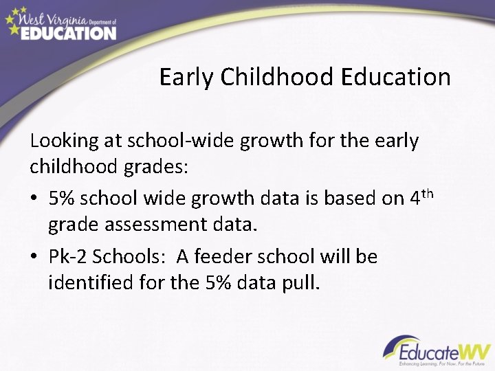 Early Childhood Education Looking at school-wide growth for the early childhood grades: • 5%