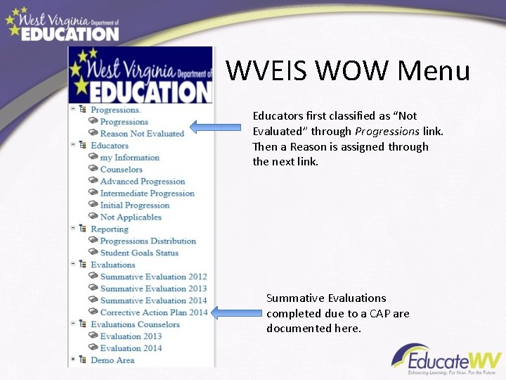 WVEIS WOW Menu Educators first classified as “Not Evaluated” through Progressions link. Then a