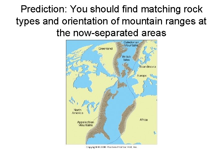 Prediction: You should find matching rock types and orientation of mountain ranges at the