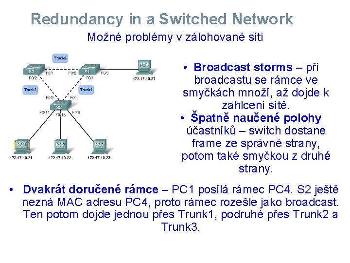 Redundancy in a Switched Network Možné problémy v zálohované síti • Broadcast storms –