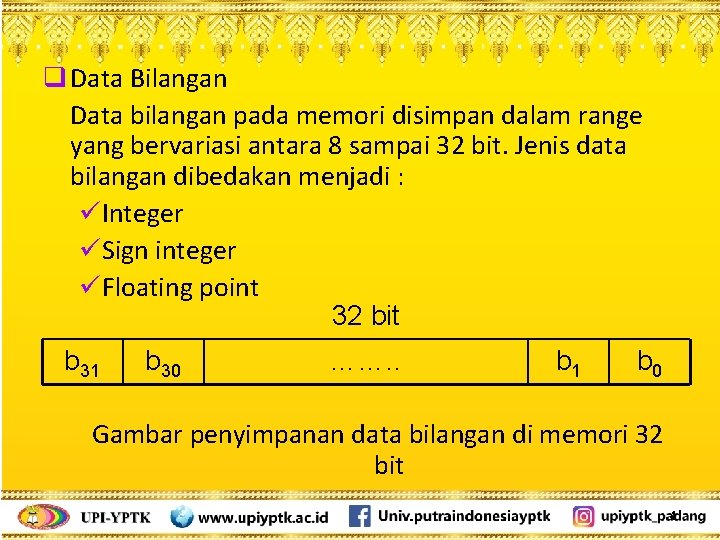 q Data Bilangan Data bilangan pada memori disimpan dalam range yang bervariasi antara 8