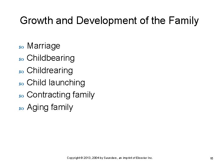 Growth and Development of the Family Marriage Childbearing Childrearing Child launching Contracting family Aging