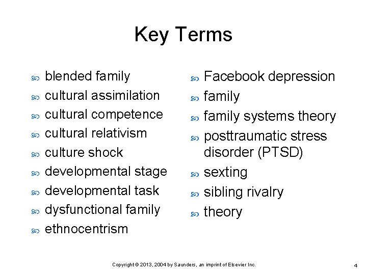 Key Terms blended family cultural assimilation cultural competence cultural relativism culture shock developmental stage