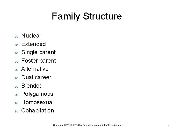Family Structure Nuclear Extended Single parent Foster parent Alternative Dual career Blended Polygamous Homosexual