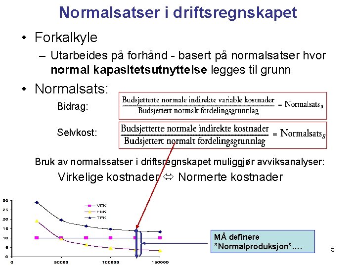Normalsatser i driftsregnskapet • Forkalkyle – Utarbeides på forhånd - basert på normalsatser hvor