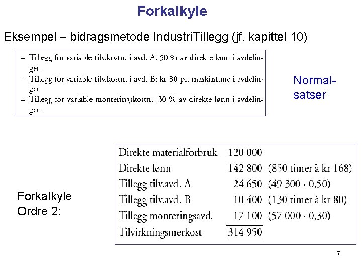 Forkalkyle Eksempel – bidragsmetode Industri. Tillegg (jf. kapittel 10) Normalsatser Forkalkyle Ordre 2: 7