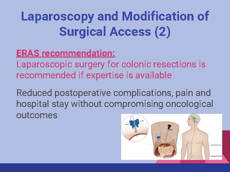Laparoscopy and Modification of Surgical Access (2) ERAS recommendation: Laparoscopic surgery for colonic resections