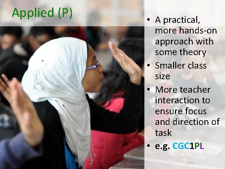 Applied (P) • A practical, more hands-on approach with some theory • Smaller class