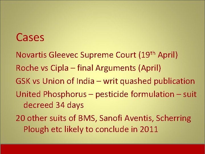 Cases Novartis Gleevec Supreme Court (19 th April) Roche vs Cipla – final Arguments