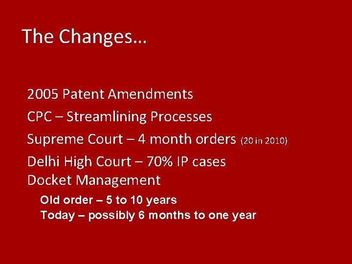 The Changes… 2005 Patent Amendments CPC – Streamlining Processes Supreme Court – 4 month