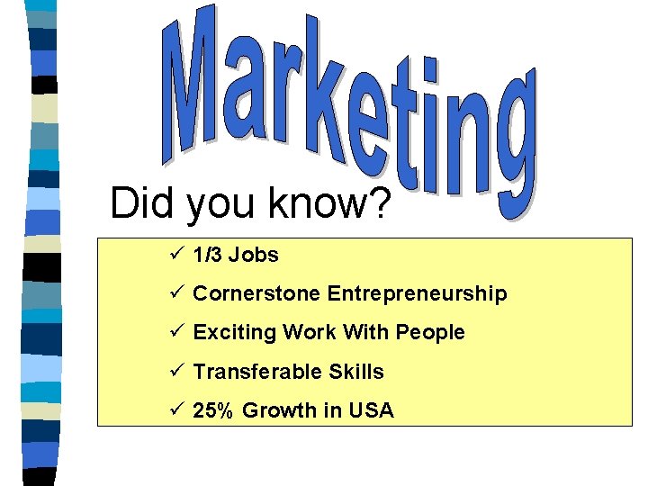 Did you know? ü 1/3 Jobs ü Cornerstone Entrepreneurship ü Exciting Work With People