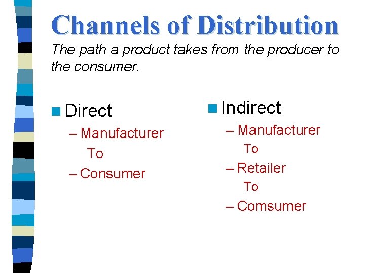 Channels of Distribution The path a product takes from the producer to the consumer.
