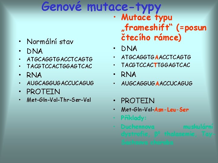 Genové mutace-typy • Normální stav • DNA • Mutace typu „frameshift“ (=posun čtecího rámce)