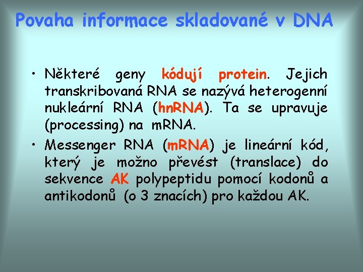 Povaha informace skladované v DNA • Některé geny kódují protein. Jejich transkribovaná RNA se