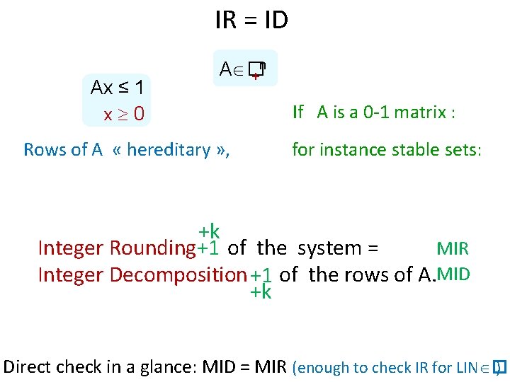 IR = ID Ax ≤ 1 x 0 n A � + Rows of