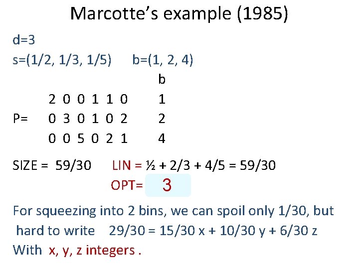 Marcotte’s example (1985) d=3 s=(1/2, 1/3, 1/5) b=(1, 2, 4) b 2 0 0