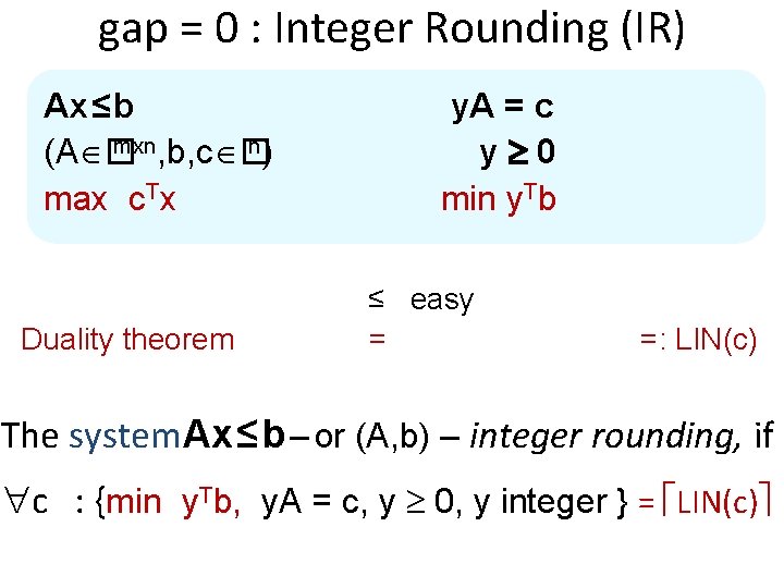 gap = 0 : Integer Rounding (IR) Ax ≤ b mxn, b, c �