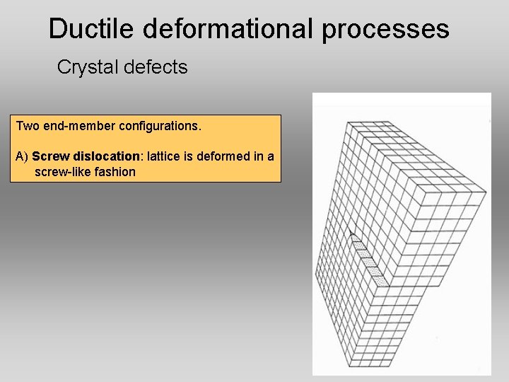 Ductile deformational processes Crystal defects Two end-member configurations. A) Screw dislocation: lattice is deformed Ductile deformational processes Crystal defects Two end-member configurations. A) Screw dislocation: lattice is deformed