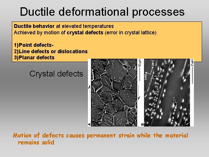 Ductile deformational processes Ductile behavior at elevated temperatures Achieved by motion of crystal defects Ductile deformational processes Ductile behavior at elevated temperatures Achieved by motion of crystal defects
