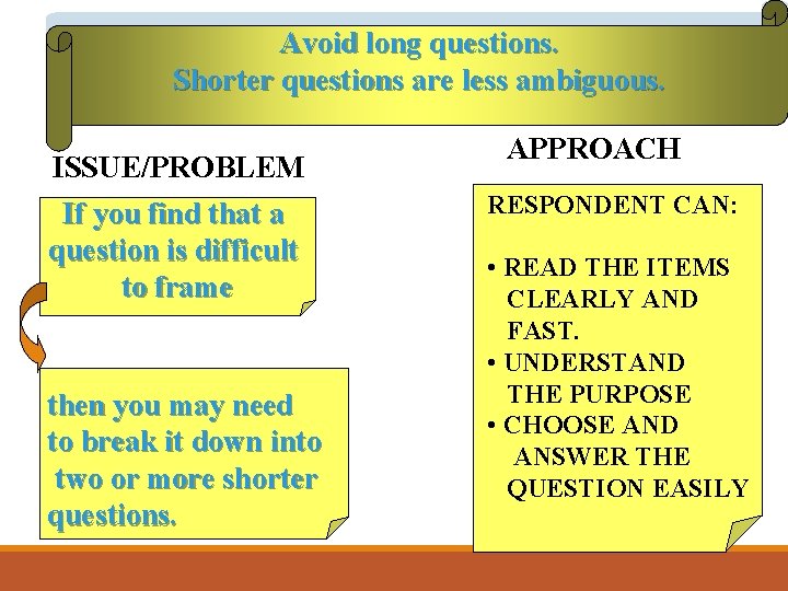 Avoid long questions. Shorter questions are less ambiguous. ISSUE/PROBLEM If you find that a