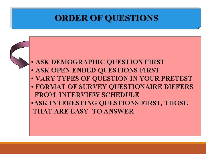 ORDER OF QUESTIONS • ASK DEMOGRAPHIC QUESTION FIRST • ASK OPEN ENDED QUESTIONS FIRST