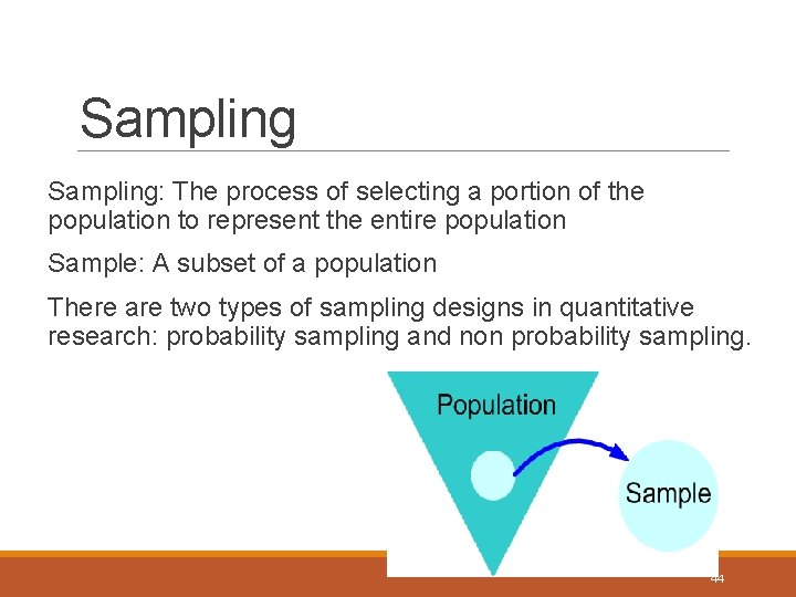 Sampling Sampling: The process of selecting a portion of the population to represent the