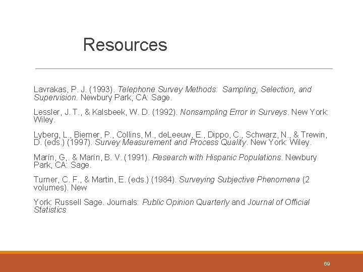 Resources Lavrakas, P. J. (1993). Telephone Survey Methods: Sampling, Selection, and Supervision. Newbury Park,