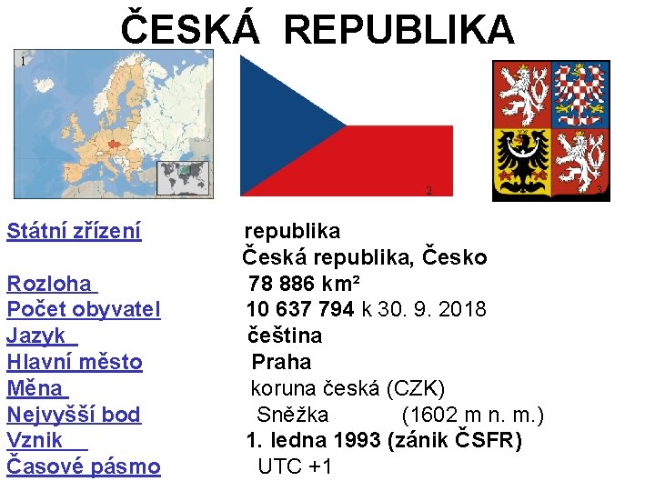 ČESKÁ REPUBLIKA 1 2 3 Státní zřízení republika Česká republika, Česko Rozloha 78 886