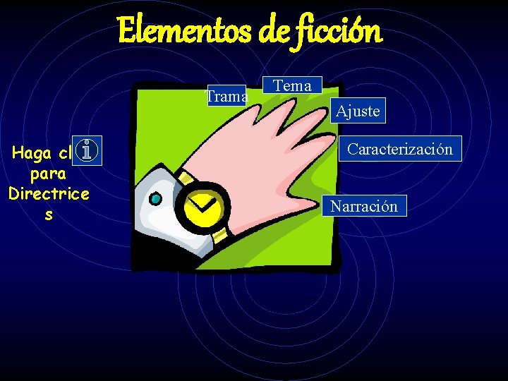 Elementos de ficción Trama Haga clic para Directrice s Tema Ajuste Caracterización Narración Elementos de ficción Trama Haga clic para Directrice s Tema Ajuste Caracterización Narración