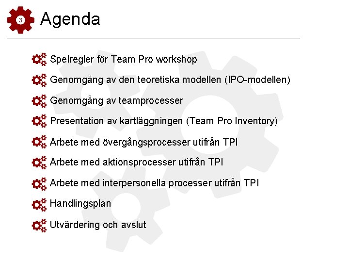 Agenda Spelregler för Team Pro workshop Genomgång av den teoretiska modellen (IPO-modellen) Genomgång av Agenda Spelregler för Team Pro workshop Genomgång av den teoretiska modellen (IPO-modellen) Genomgång av
