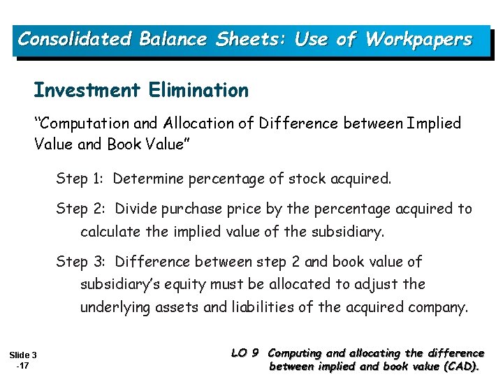 Consolidated Balance Sheets: Use of Workpapers Investment Elimination “Computation and Allocation of Difference between