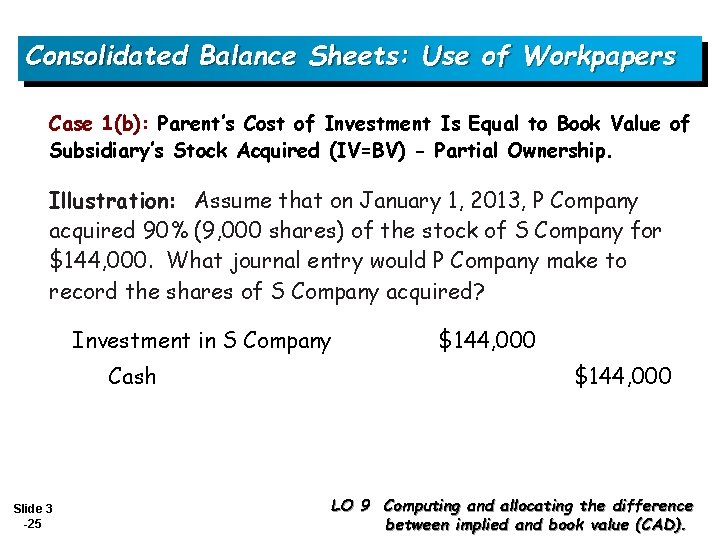 Consolidated Balance Sheets: Use of Workpapers Case 1(b): Parent’s Cost of Investment Is Equal