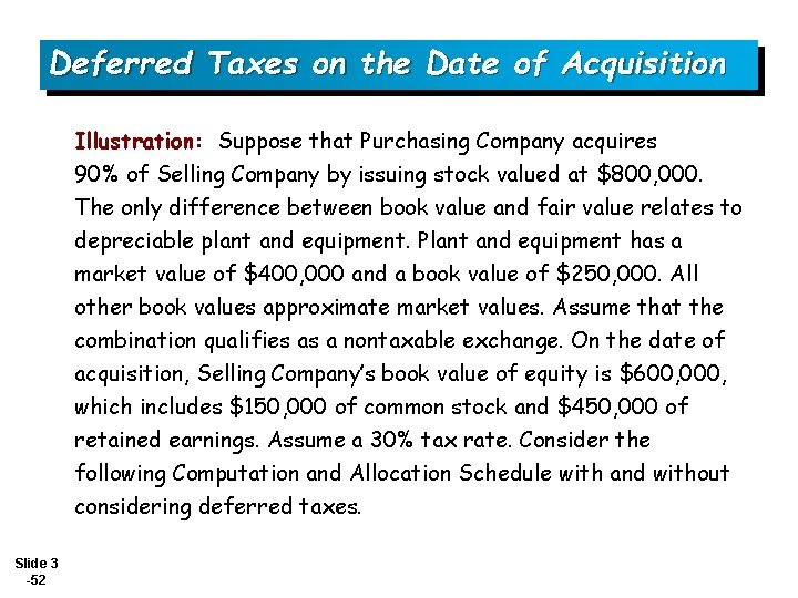 Deferred Taxes on the Date of Acquisition Illustration: Suppose that Purchasing Company acquires 90%