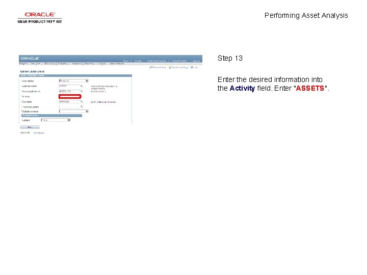 Performing Asset Analysis Step 13 Enter the desired information into the Activity field. Enter