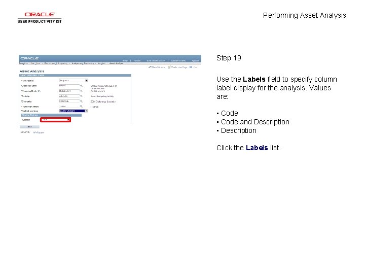 Performing Asset Analysis Step 19 Use the Labels field to specify column label display