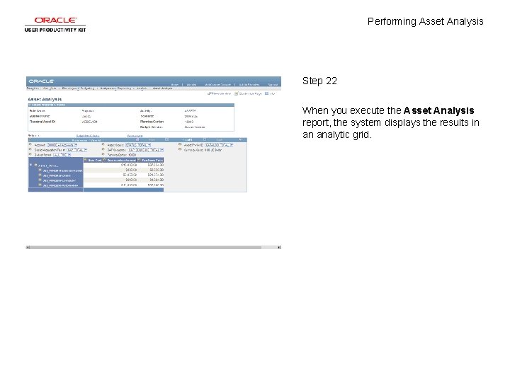 Performing Asset Analysis Step 22 When you execute the Asset Analysis report, the system