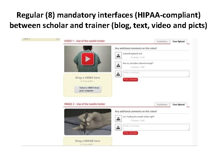 Regular (8) mandatory interfaces (HIPAA-compliant) between scholar and trainer (blog, text, video and picts)