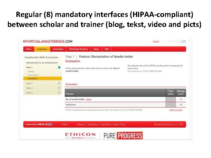 Regular (8) mandatory interfaces (HIPAA-compliant) between scholar and trainer (blog, tekst, video and picts)