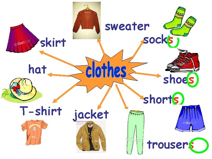 skirt sweater socks hat T-shirt jacket shoes shorts trousers skirt sweater socks hat T-shirt jacket shoes shorts trousers