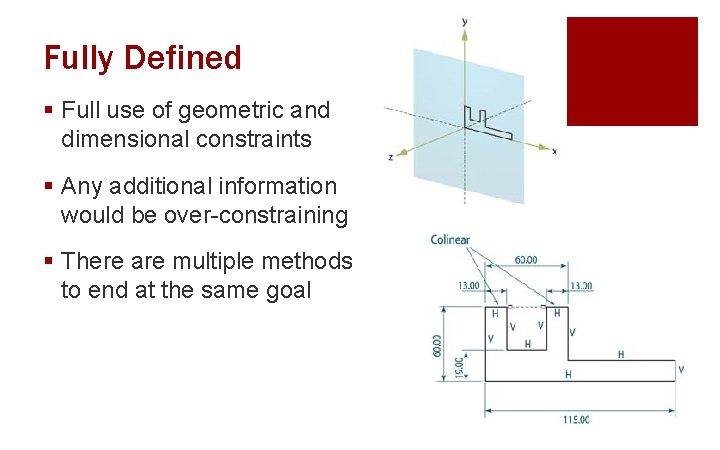 Fully Defined § Full use of geometric and dimensional constraints § Any additional information
