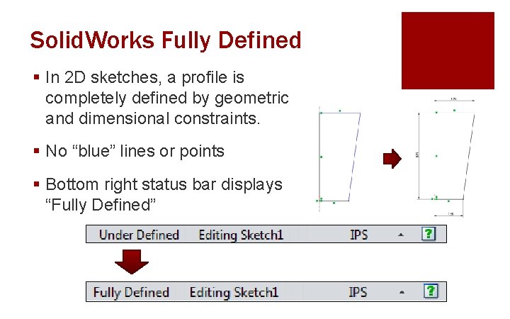 Solid. Works Fully Defined § In 2 D sketches, a profile is completely defined