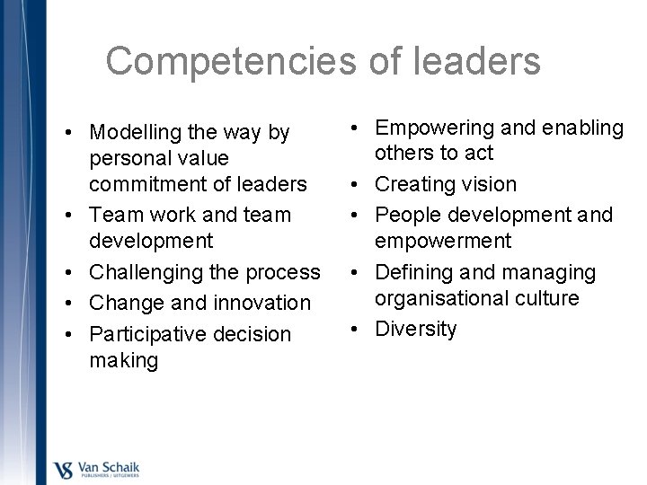 Competencies of leaders • Modelling the way by personal value commitment of leaders •
