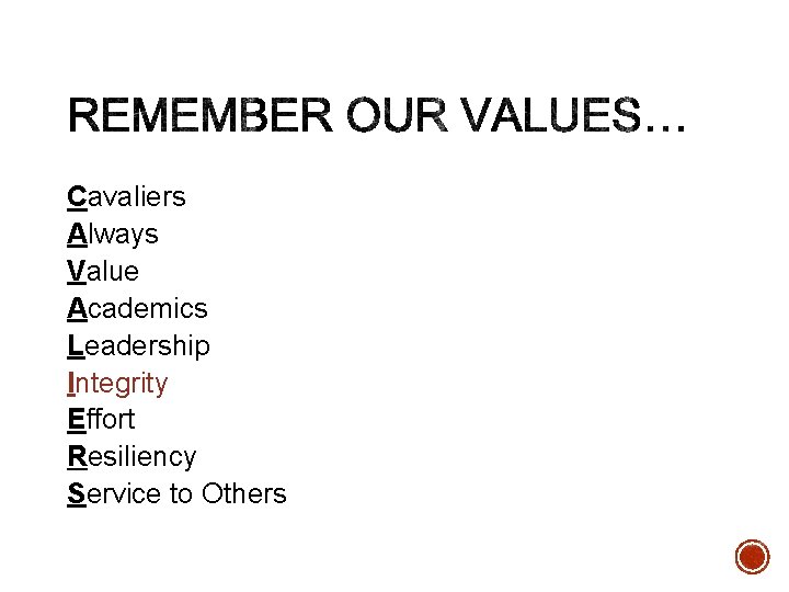 Cavaliers Always Value Academics Leadership Integrity Effort Resiliency Service to Others 