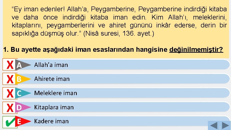 “Ey iman edenler! Allah’a, Peygamberine indirdiği kitaba ve daha önce indirdiği kitaba iman edin.